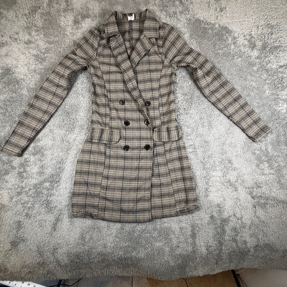 Windsor Grey Plaid Double Breasted Blazer Dress Long Sleeve MJK7058-1 Small